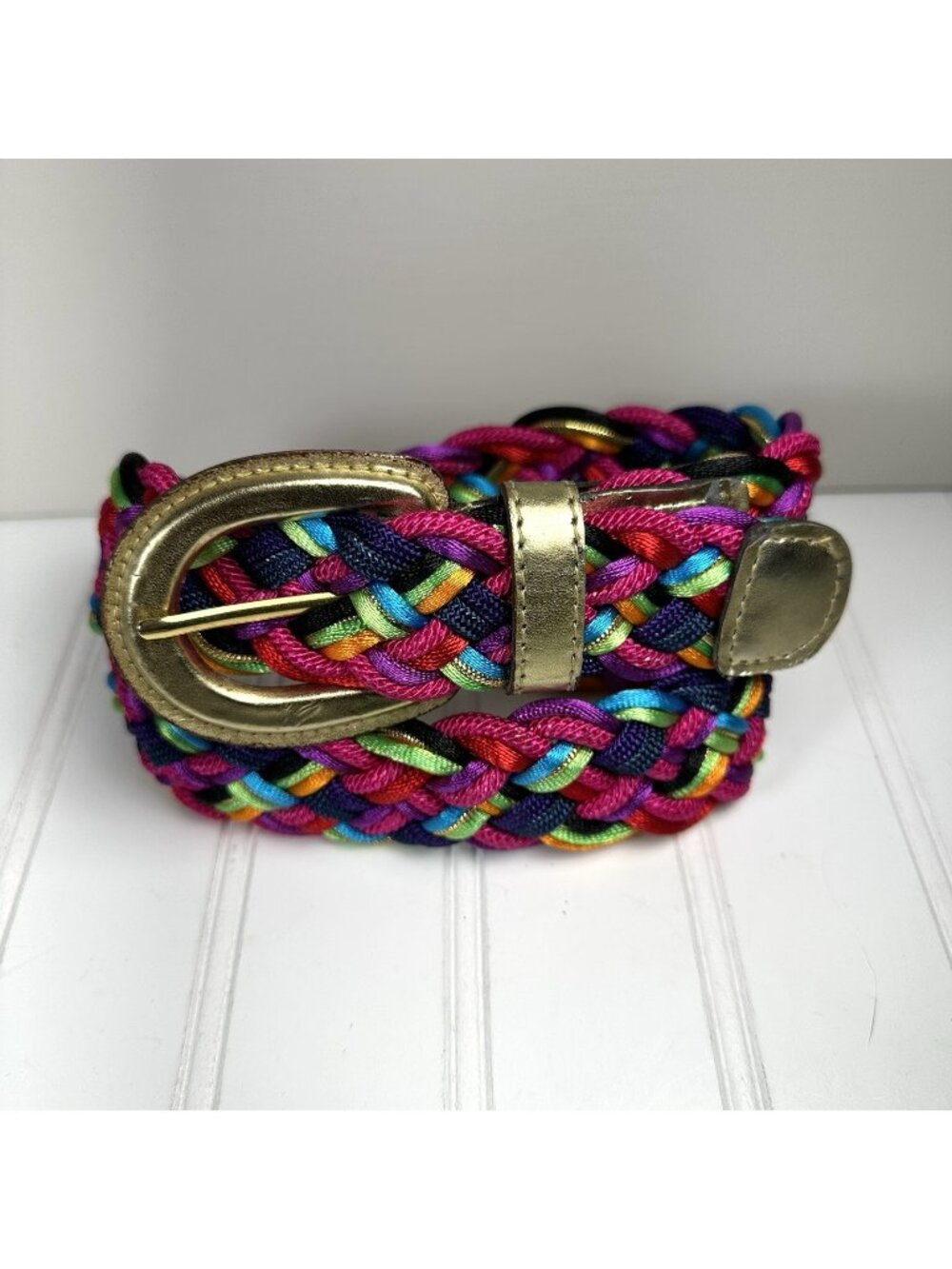 Braided Rainbow Belt Small Colorful Woven Fabric Gold Tone Faux Leather Buckle